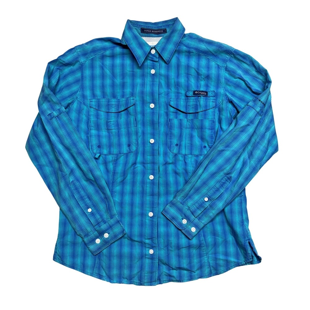 Columbia PFG Super Bonehead Medium Blue Plaid Fishing Shirt Omni-Shade Vent